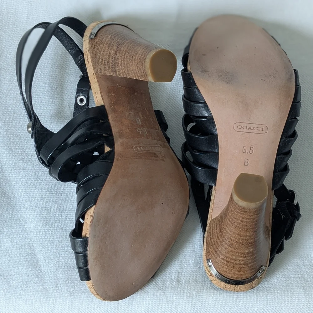 Coach Black Leather Adrienn Strappy Block Heel Cork Sandals 6.5